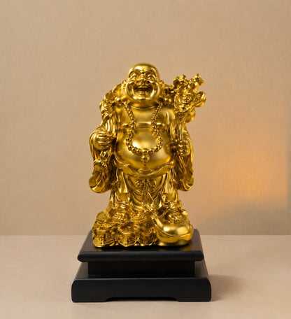 Luxury Golden Laughing Buddha Statue with Black Wooden Base | Premium Feng Shui Home & Office Decor | 8 Inch