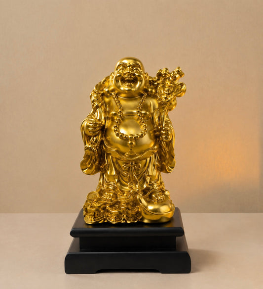 Luxury Golden Laughing Buddha Statue with Black Wooden Base | Premium Feng Shui Home & Office Decor | 8 Inch