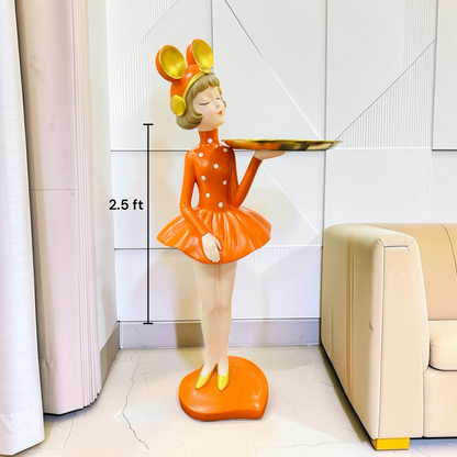 Modern Girl Resin Floor Statue with Serving Tray – Decorative Accent Side Table Figure for Living Room & Home Decor