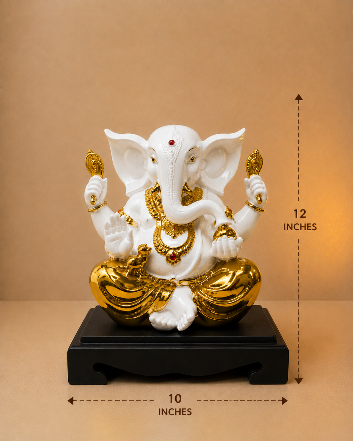 Luxury White & Gold Lord Ganesha Idol with Black Wooden Base | Premium Ganesh Showpiece for Home, Office & Temple | 12 Inch