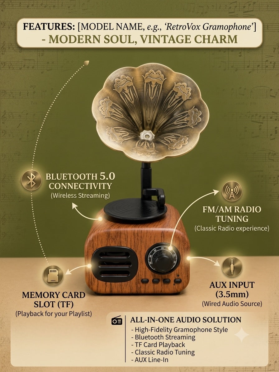 Vintage Gramophone Style Wireless Bluetooth 5.0 Speaker with FM/AM Radio, TF Card Slot & AUX Input – Antique Wooden Audio Accent