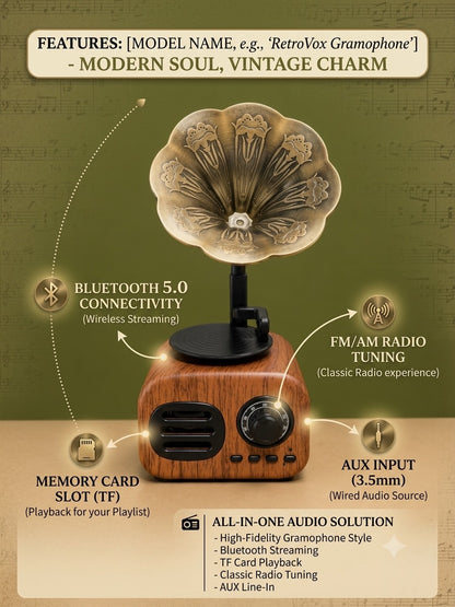 Vintage Gramophone Style Wireless Bluetooth 5.0 Speaker with FM/AM Radio, TF Card Slot & AUX Input – Antique Wooden Audio Accent