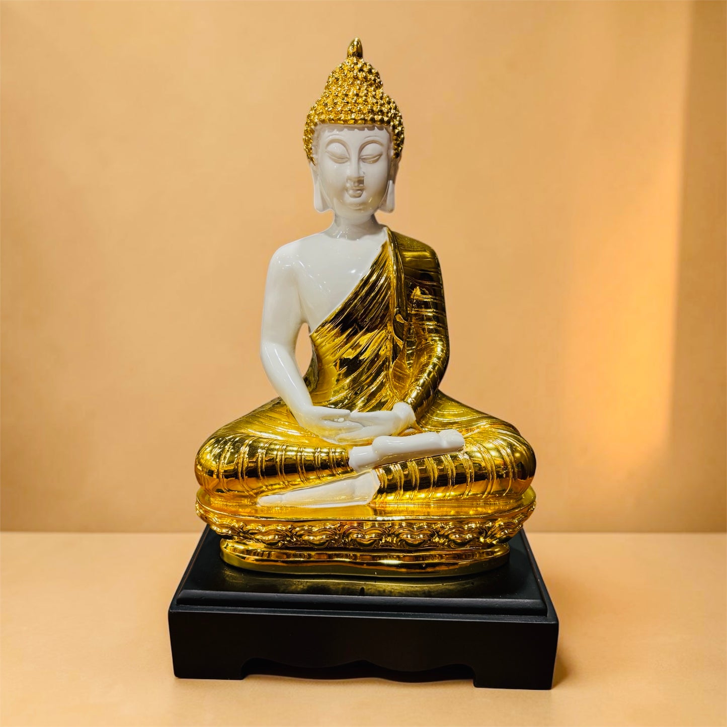 Luxury White & Gold Meditating Buddha Showpiece for Home Décor | Premium Ceramic Buddha Statue | 12 x 7 Inches