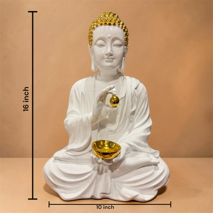 White Ceramic Meditating Buddha Showpiece with Gold Accents | Premium Decorative Statue for Home, Office & Living Room (16 Inch)