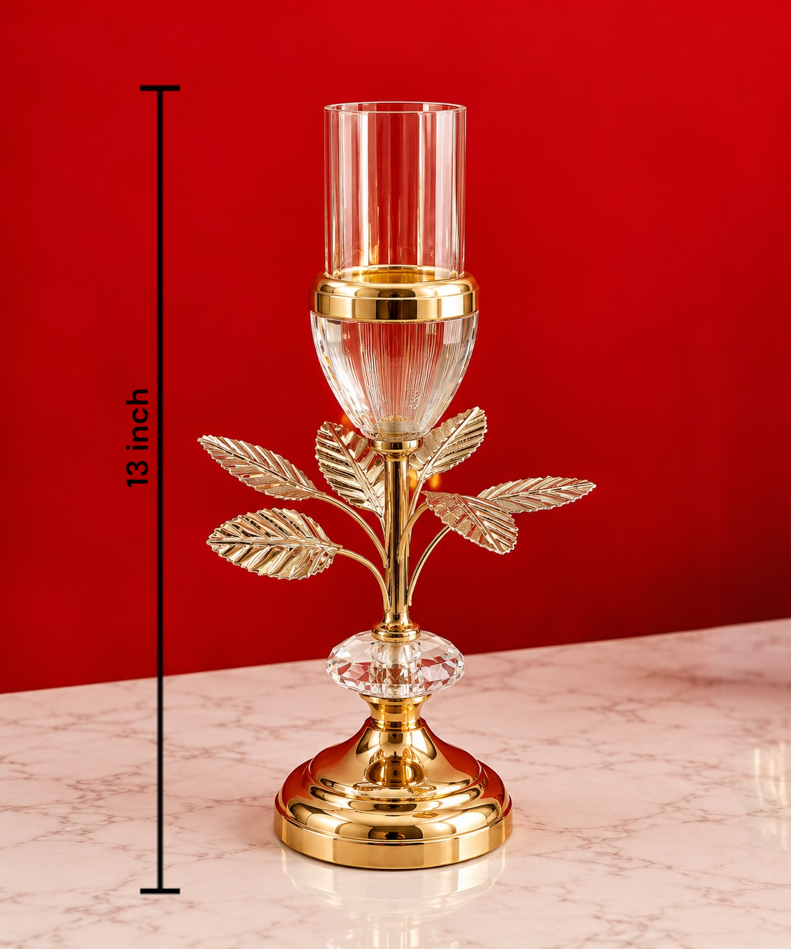 13-Inch Elegant Silver Metal & Glass Floral Candle Stand with Crystal Accent | Decorative Table Centerpiece
