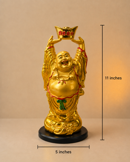 Luxury Golden Laughing Buddha Statue with Wealth Ingot | Premium Feng Shui Home & Office Decor | 11 Inch