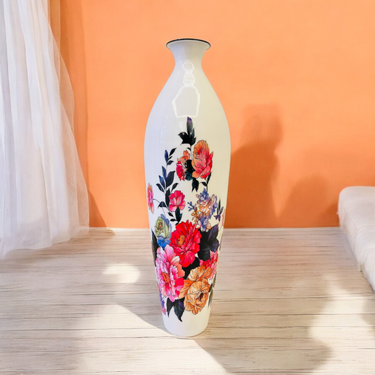 Colorful Floral Printed Tall Metal Cylindrical Floor Vase for Stylish Home Decor