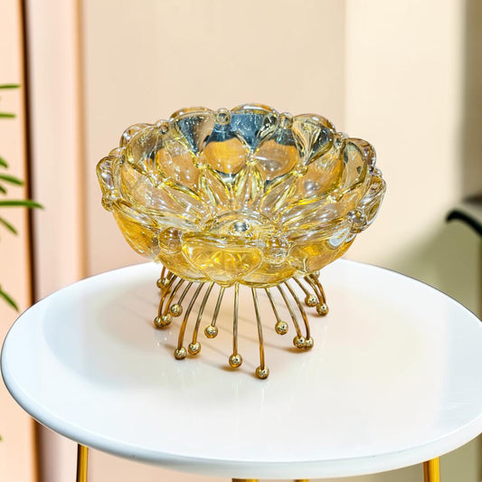 Luxury Amber Lotus Glass Fruit & Snack Bowl with Gold Metal Pedestal Stand – Decorative Tabletop Centerpiece