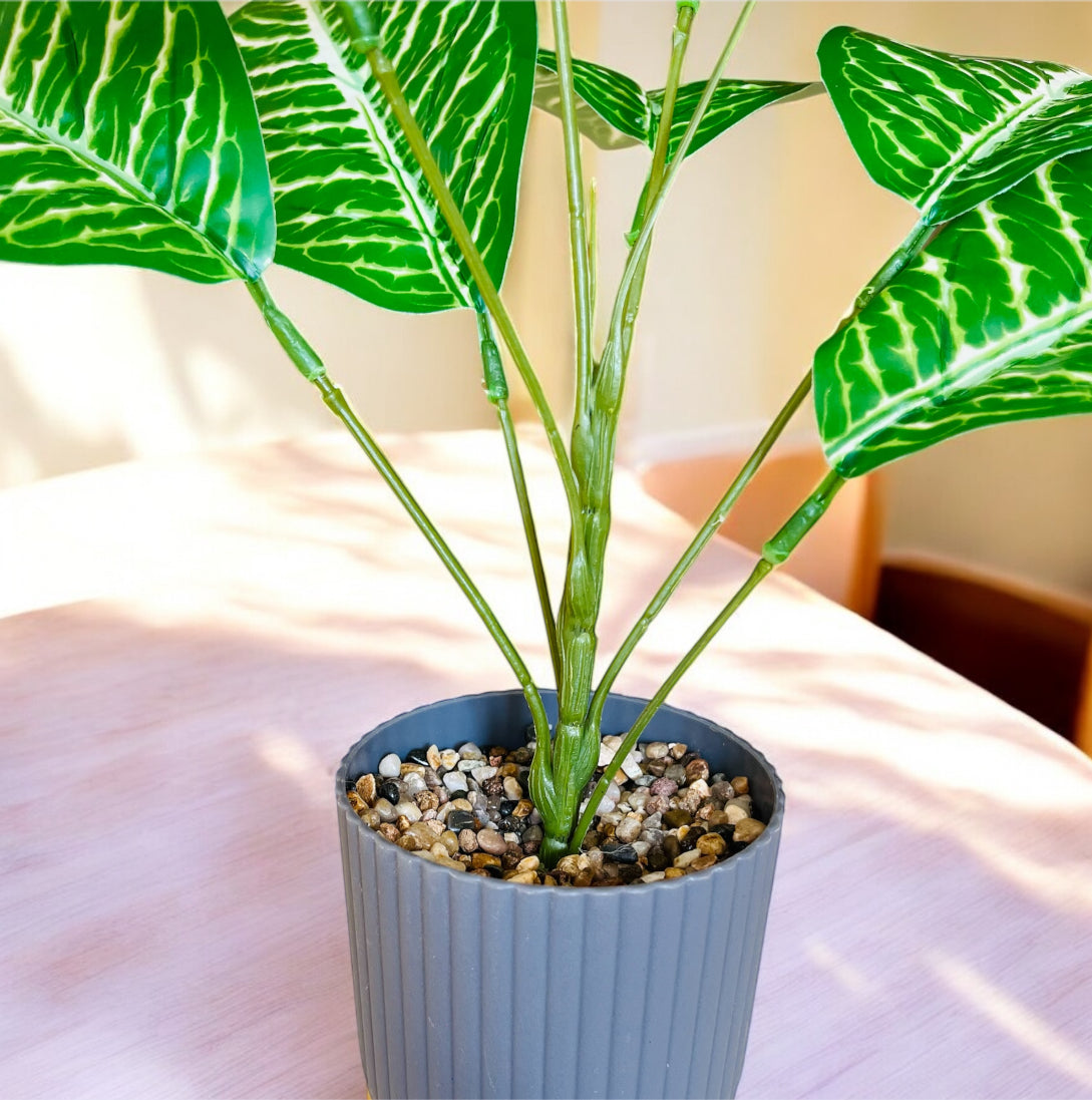 Artificial Tropical Leaf Plant in Minimalistic Fibre Pot with Pebbles for Home Decor
