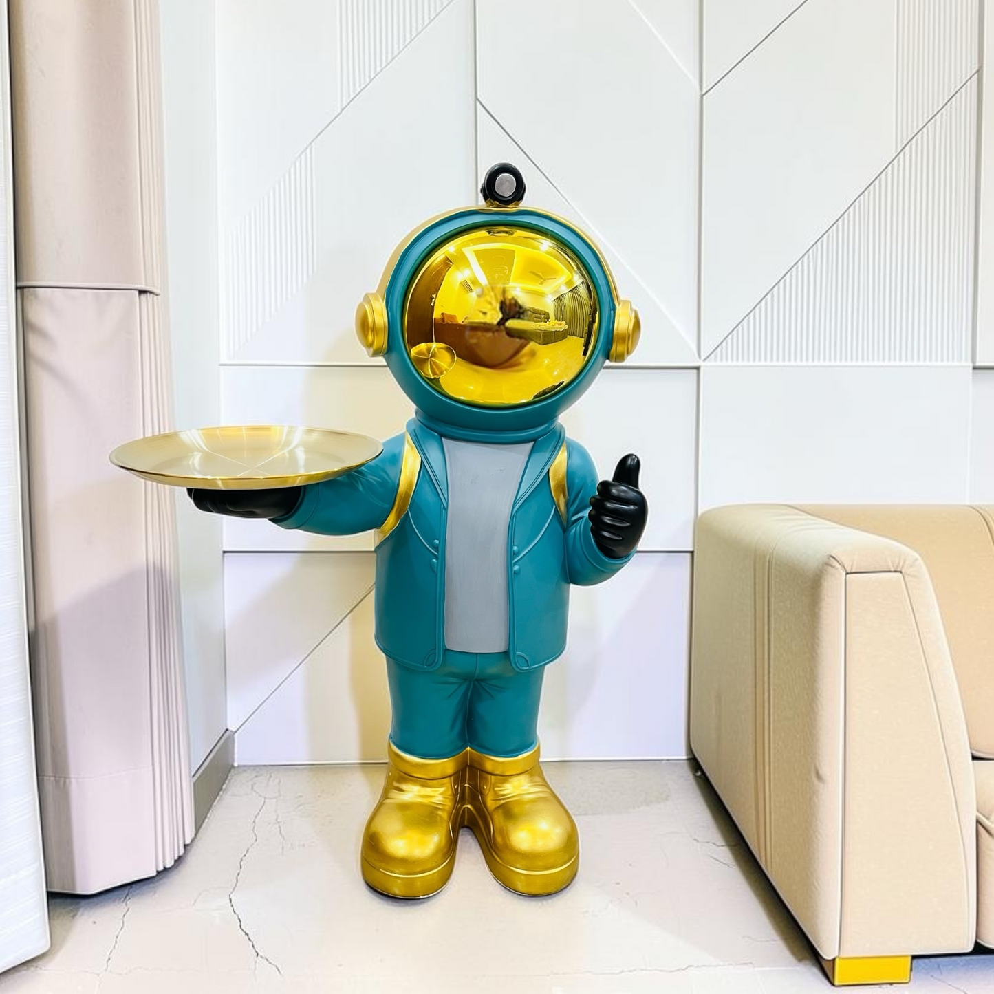 Modern Teal & Gold Astronaut Resin Statue with Serving Tray– Decorative Accent Side Table Figurine for Living Room & Home Decor