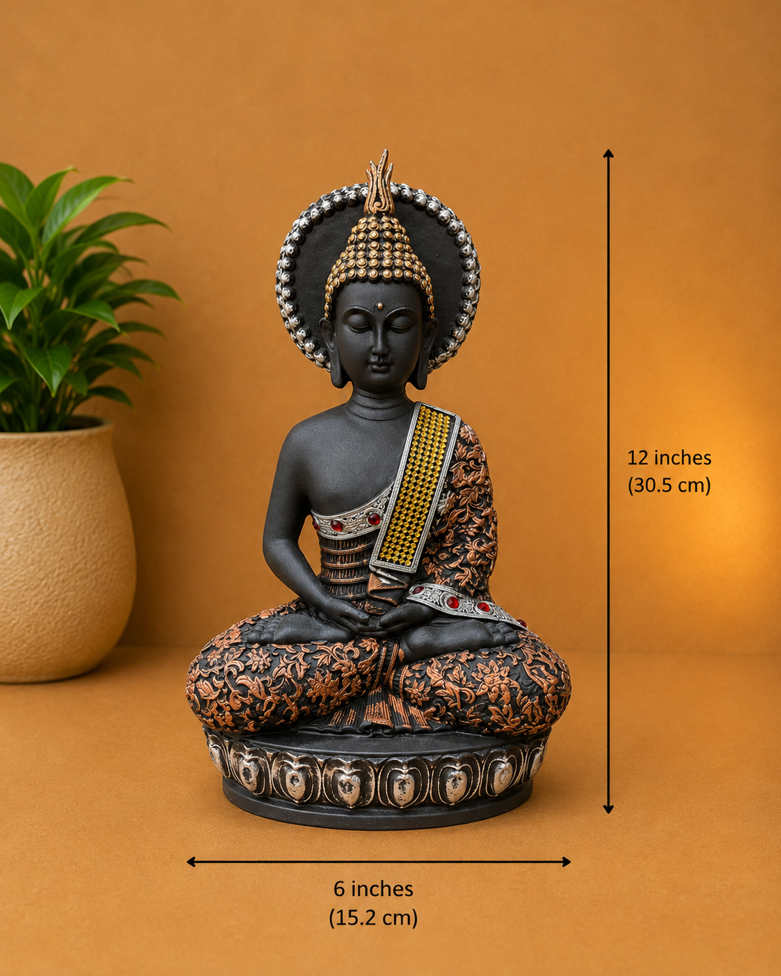 Premium Black & Gold Meditating Buddha Showpiece with Halo | Resin Decorative Idol for Home & Office