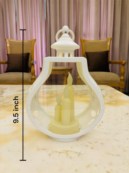 Modern Sculptural White Lantern with Integrated Triple LED Flameless Candles
