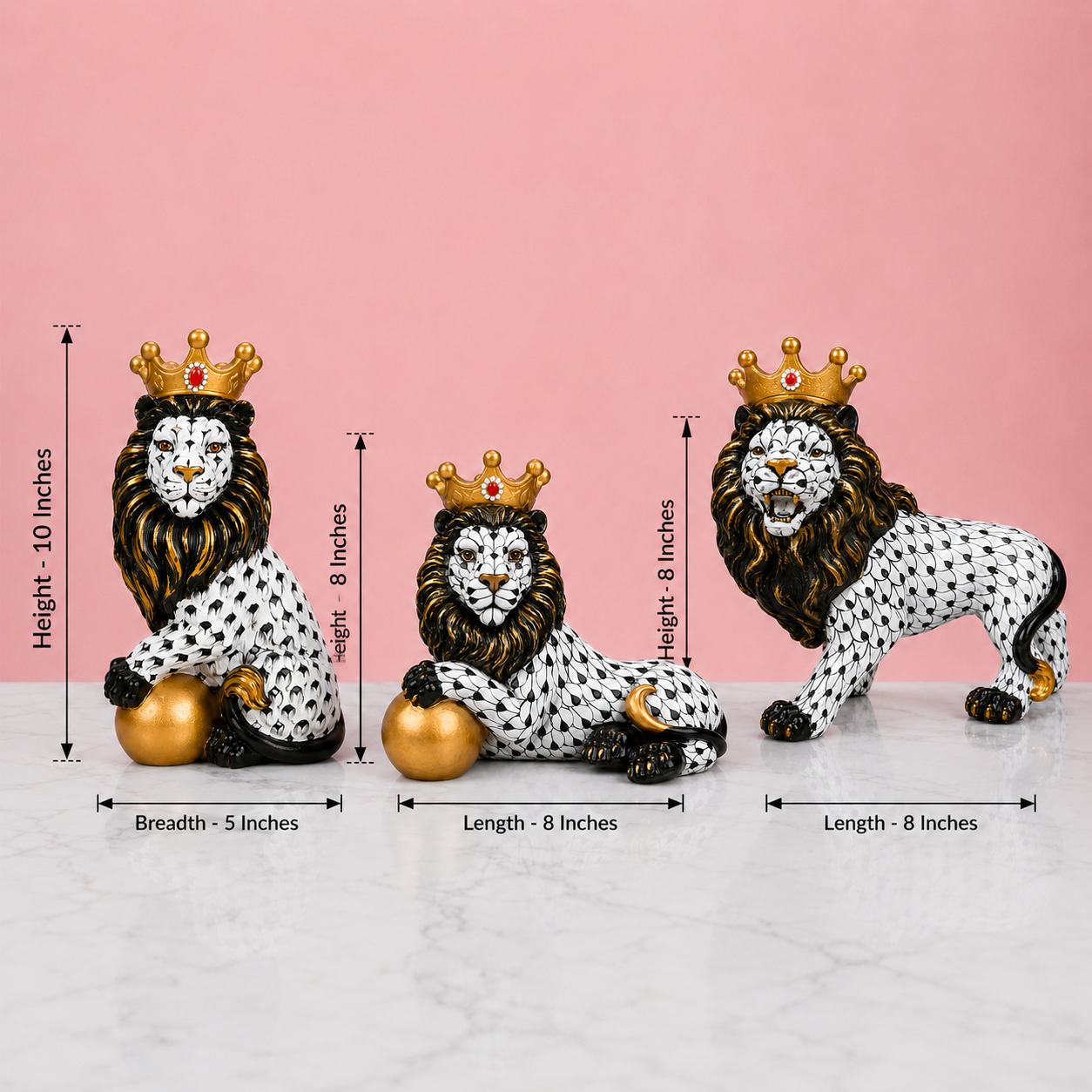 Royal Crown Lion Showpiece – Black, White & Gold Decorative Lion Figurine | 3 Unique Designs for Home & Office Decor