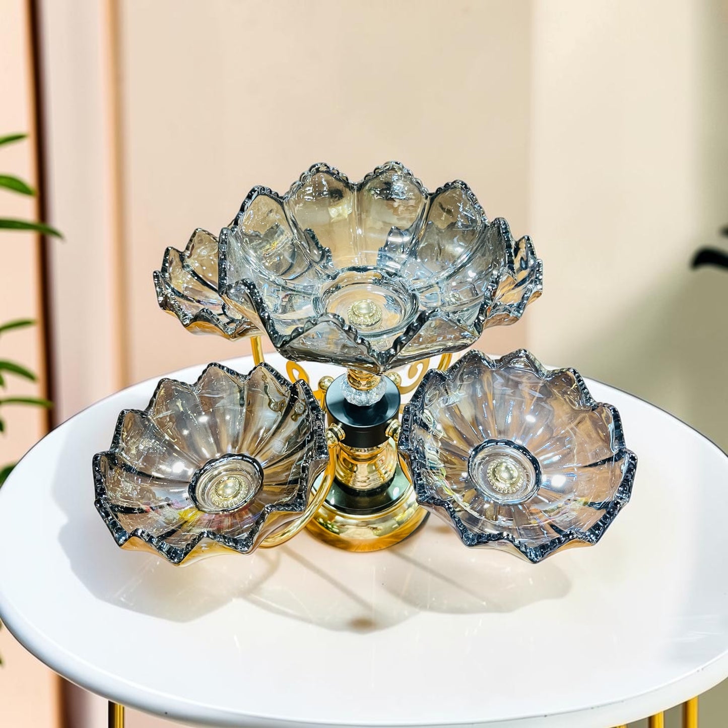 Luxury 5-Tier Lotus Smokey Glass Dry Fruit & Dessert Stand with Gold Pedestal– Decorative Multi-Bowl Centerpiece