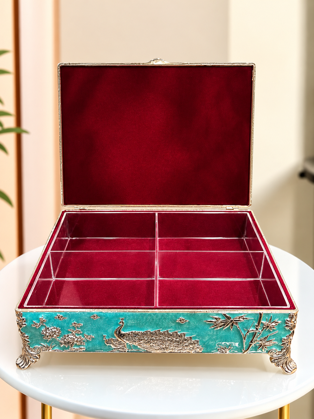 Premium German Silver Turquoise Enamel Peacock Jewellery & Dry Fruit Organizer Box, 8.5*6.5 Inches