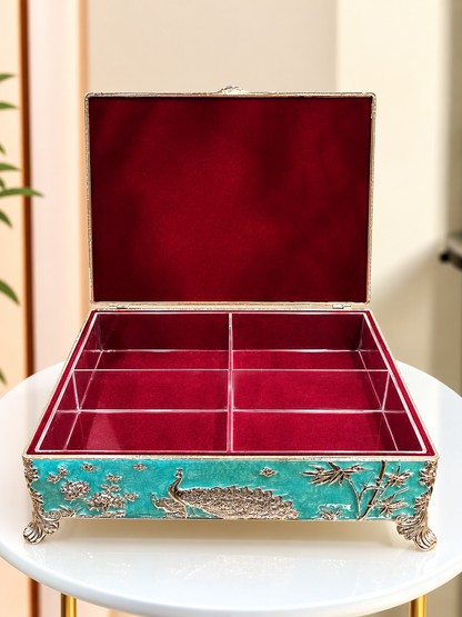 Premium German Silver Turquoise Enamel Peacock Jewellery & Dry Fruit Organizer Box, 8.5*6.5 Inches