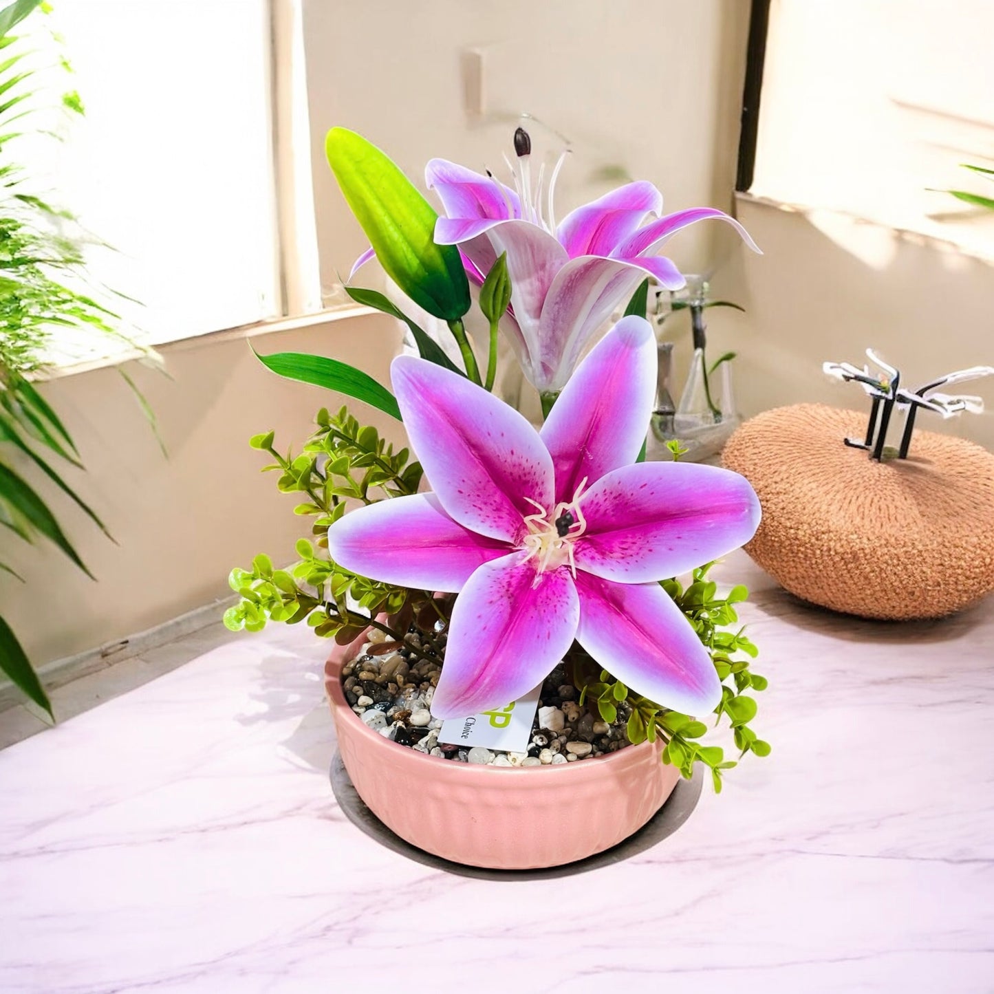 Artificial Purple Lily Plant in Ceramic Pot with Authentic Pebbles - Stylish Bathroom and Home Decor