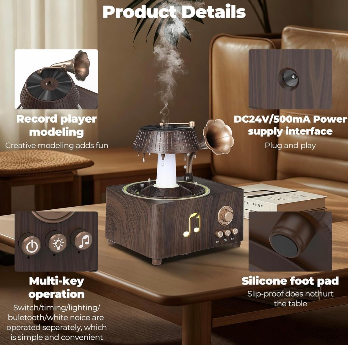 Vintage Gramophone Rain Cloud Aroma Diffuser with Ambient Light, Music & Remote Control