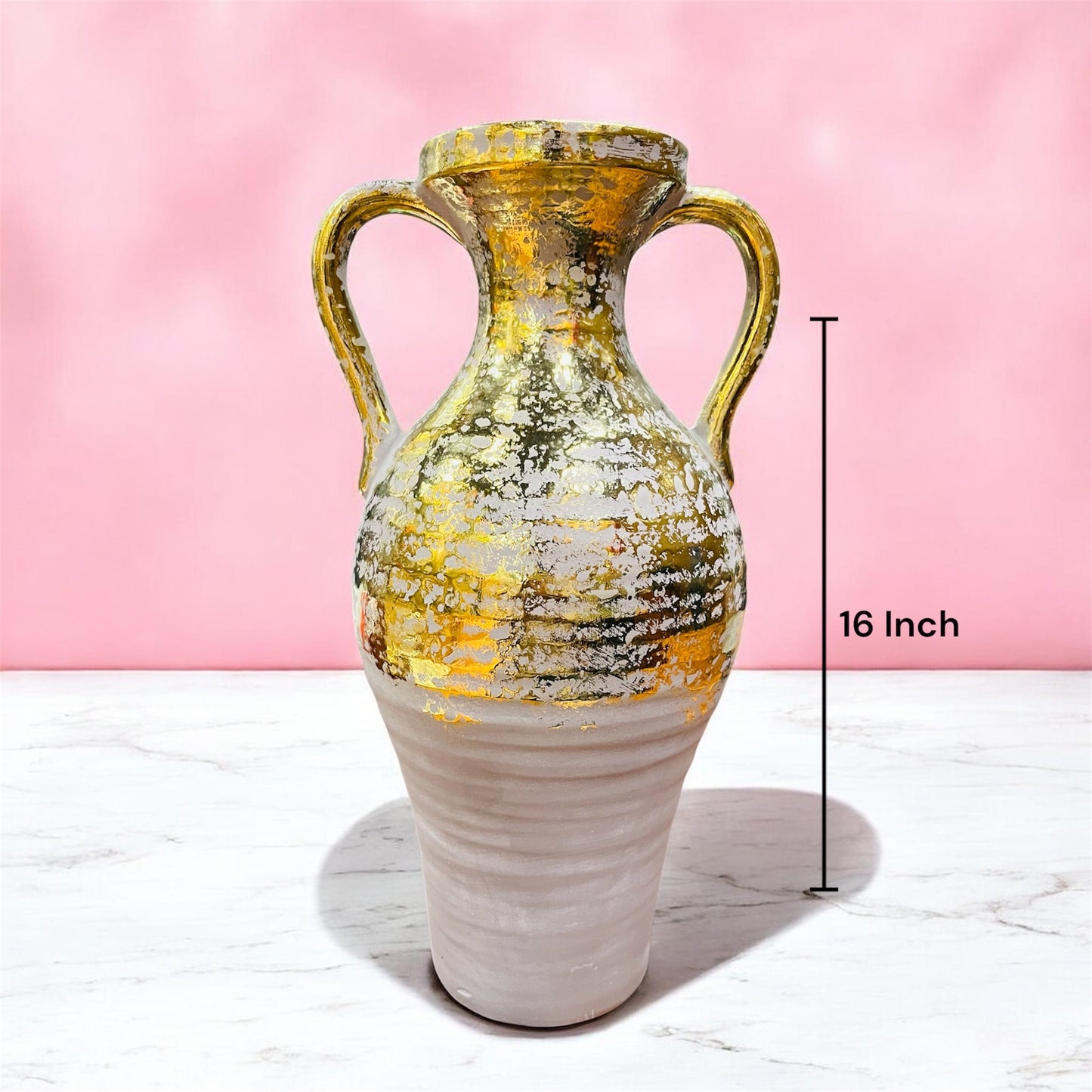 Rustic Distress Gold & Mauve Ceramic Urn Vase with Handles