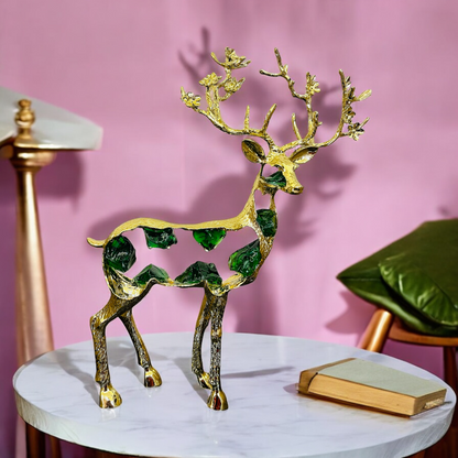 Golden Metal Deer Showpiece with Green Crystal Accents for Home Decor