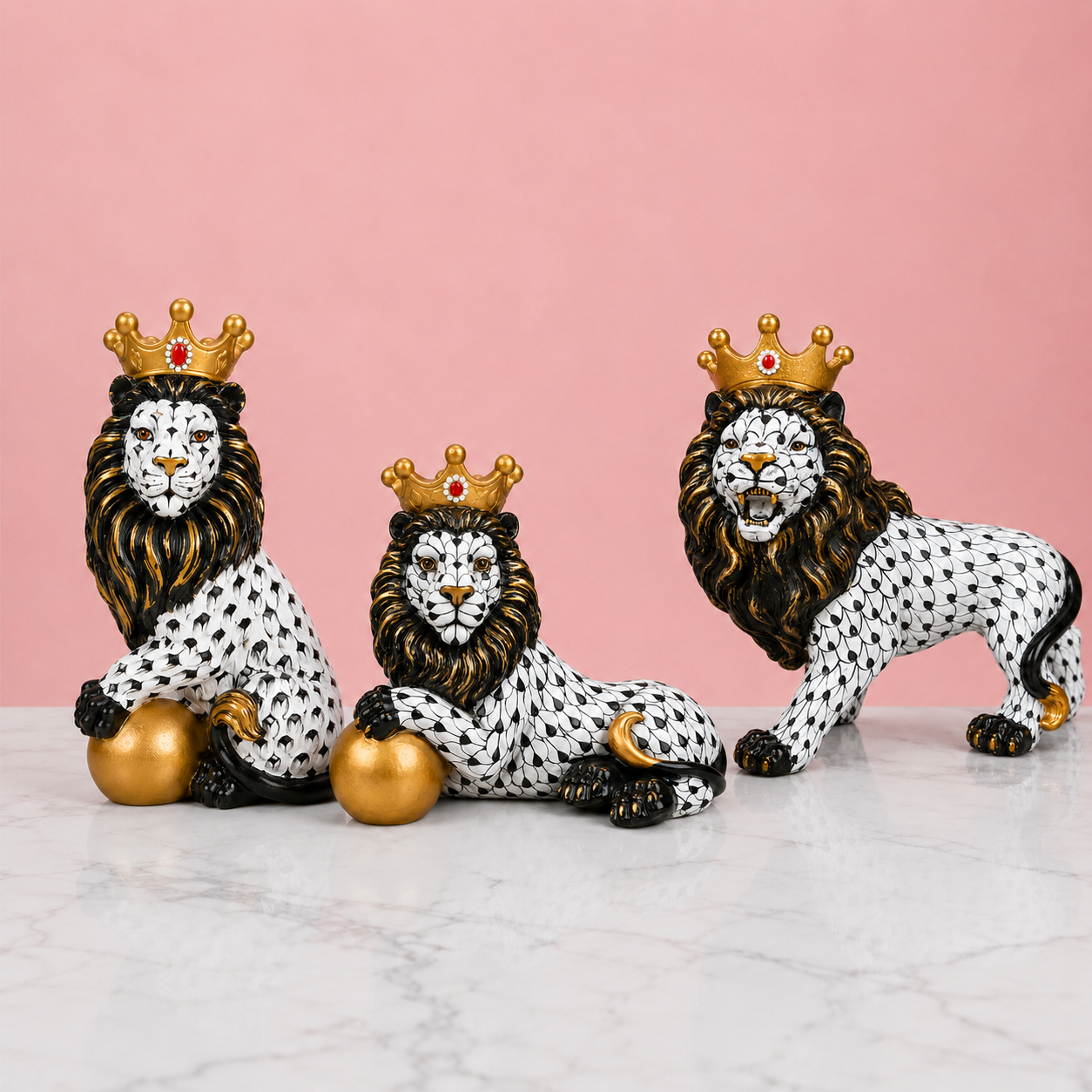 Royal Crown Lion Showpiece – Black, White & Gold Decorative Lion Figurine | 3 Unique Designs for Home & Office Decor