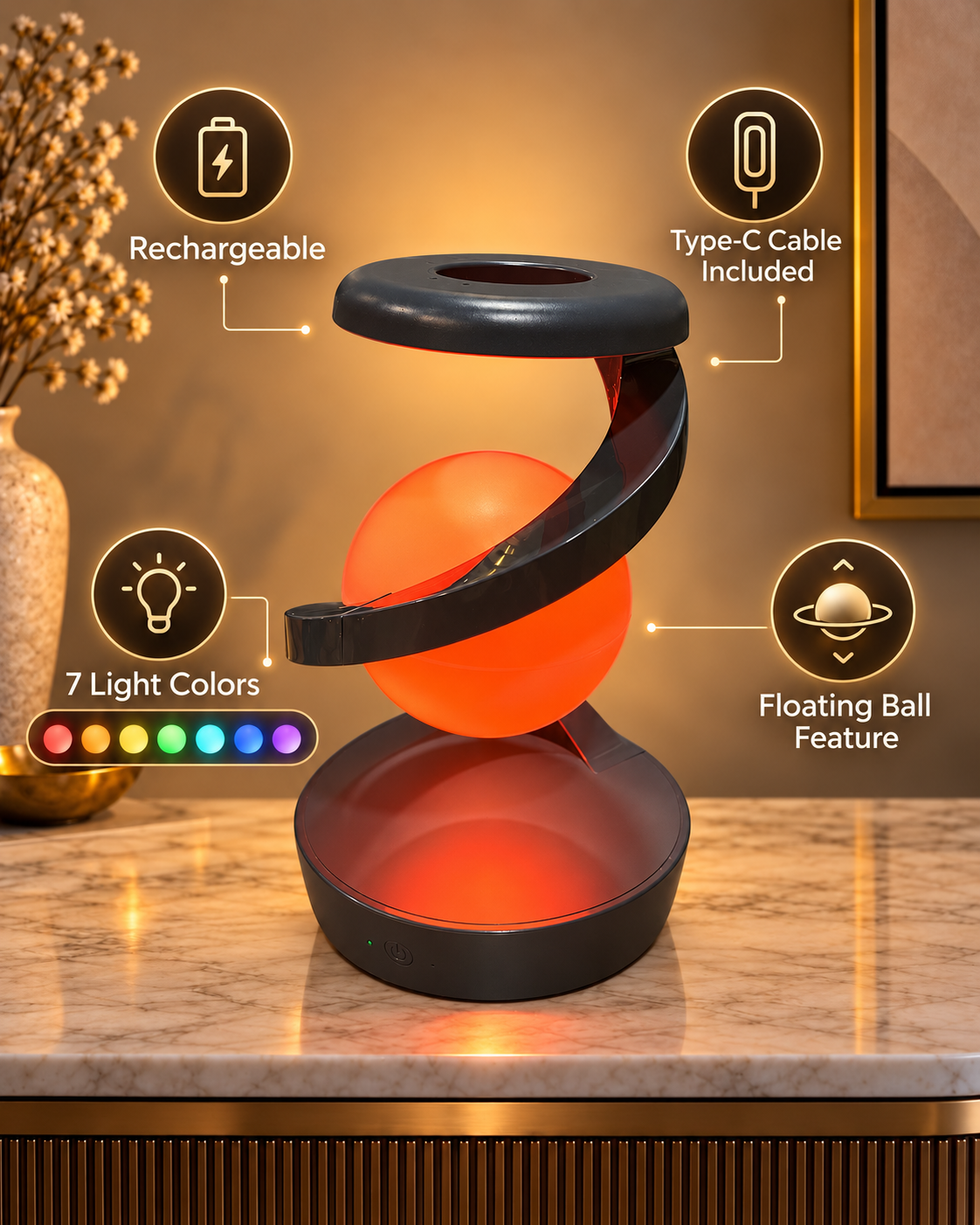 Rechargeable Motion Sensor Floating Ball Table Lamp with Rotating Feature, 8 Inch