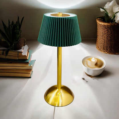 Gold Table Lamp with Pleated Green Shade & Touch Control