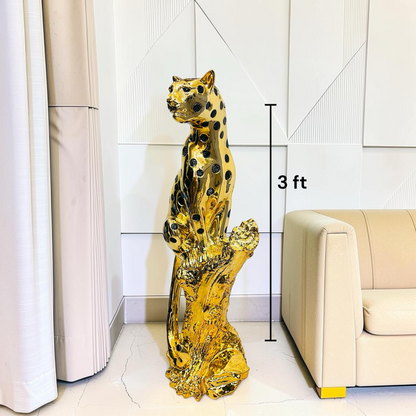 Gold Resin Leopard Floor Statue on a Tree – Luxury Cheetah Sculpture for Living Room & Home Decor