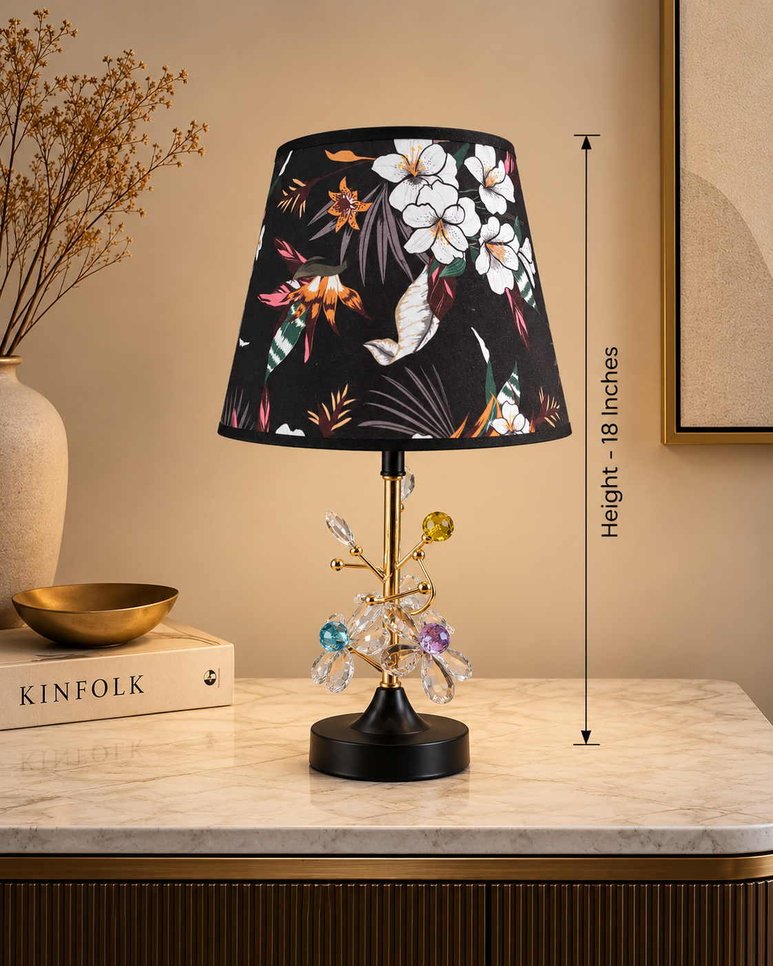 Luxury Floral Shade Table Lamp with Crystal Flower Accent – 18 Inch