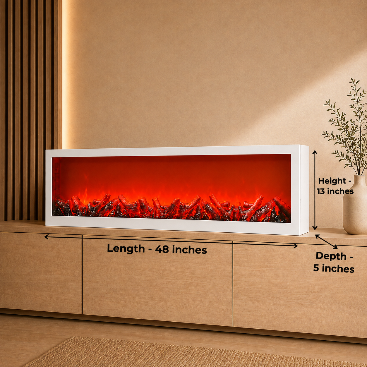 48-Inch Modern Artificial LED Firelamp with Realistic Flame Effect | White Decorative Fireplace