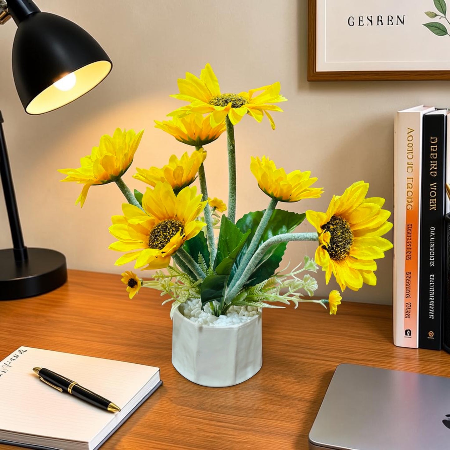 Artificial Sunflower Plant in White Ceramic Pot – Realistic Faux Floral Arrangement for Home & Office Desk Decor