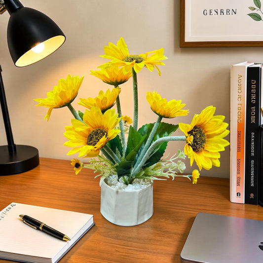 Artificial Sunflower Plant in White Ceramic Pot – Realistic Faux Floral Arrangement for Home & Office Desk Decor