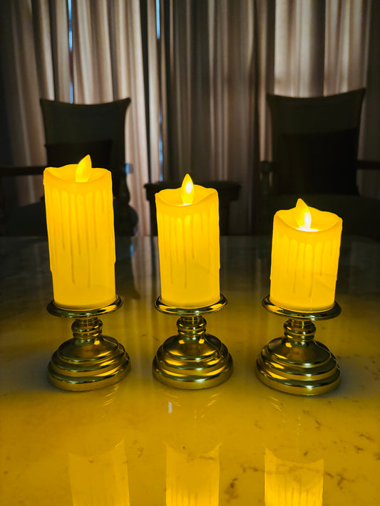 LED Melted Wax Candle with Golden Stand – Flameless Flickering Decorative Candle for Home & Festive Decor