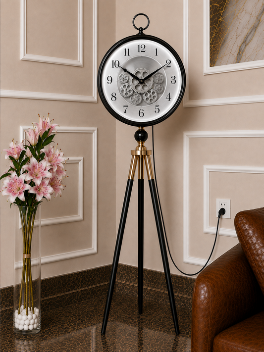 Luxury Illuminated Gear Tripod Floor Clock – Black with Silver Gears and With light