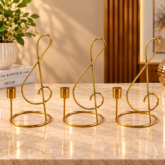 Set of 3 Golden Brass Musical Note Taper Candle Stands – Elegant Decorative Candle Holders