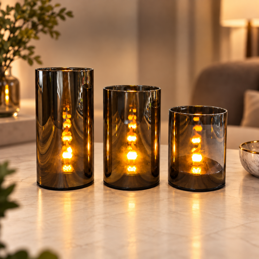 Black Glass 3D LED Candle with Realistic Flickering Flame – Battery Operated - Set of 3 (4,5,6 inches)