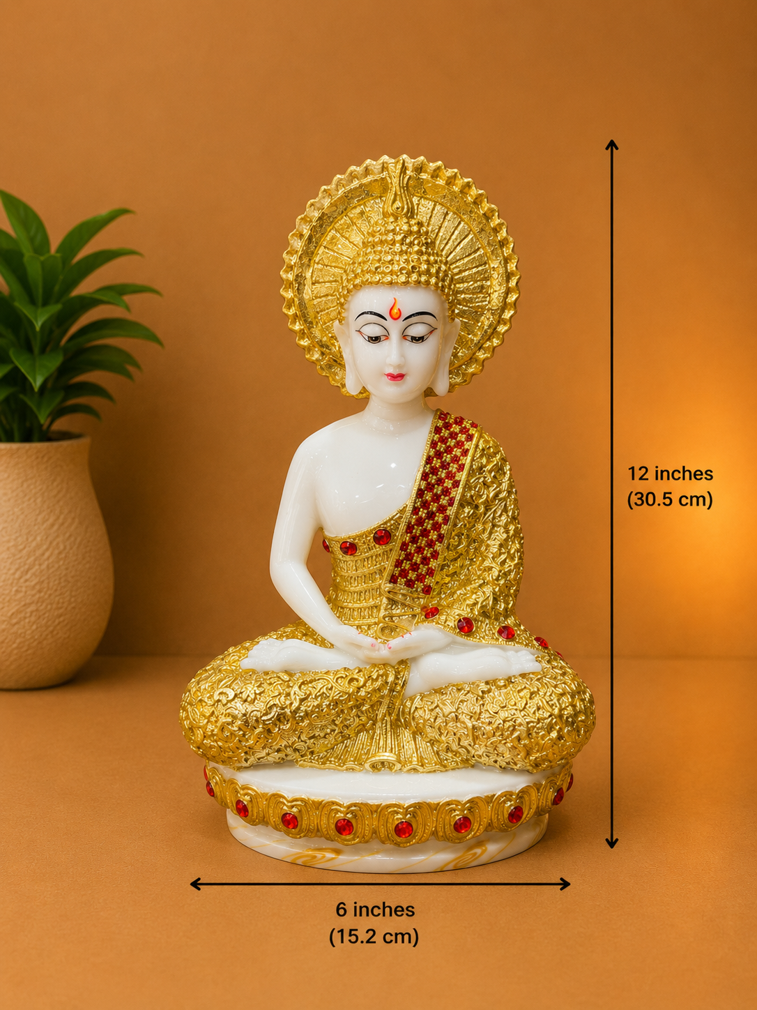 Meditating Buddha Statue Marble Dust Material  – White & Gold Decorative Idol with Red Gem Accents | Premium Home, Office & Meditation Decor