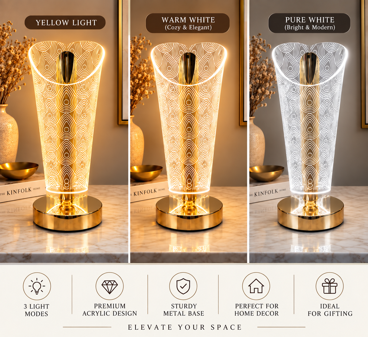 Rechargeable Acrylic LED Table Lamp with 3 Light Modes – Portable Decorative Lamp 8 Inch