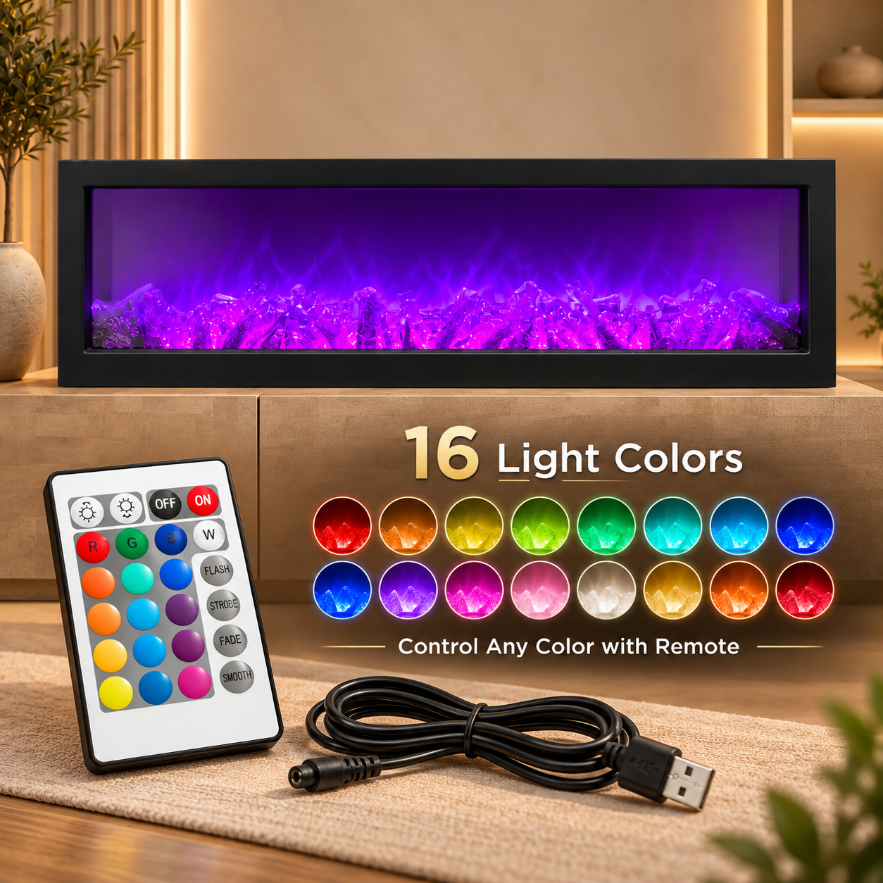 40-Inch Multicolor LED Electric Fireplace with 16 Light Modes, Remote Control & USB Power
