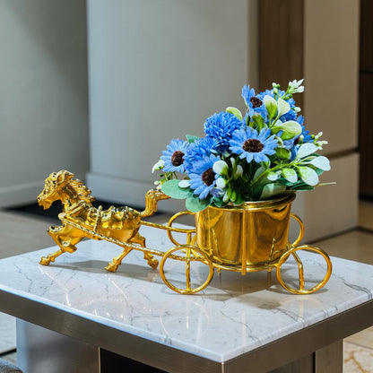 Golden Horse Metal Flower Cart with Artificial Blue Flowers – Luxury Tabletop Decor
