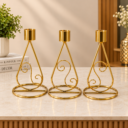 Set of 3 Golden Brass Taper Candle Stands – Elegant Decorative Candle Holders for Home Decor