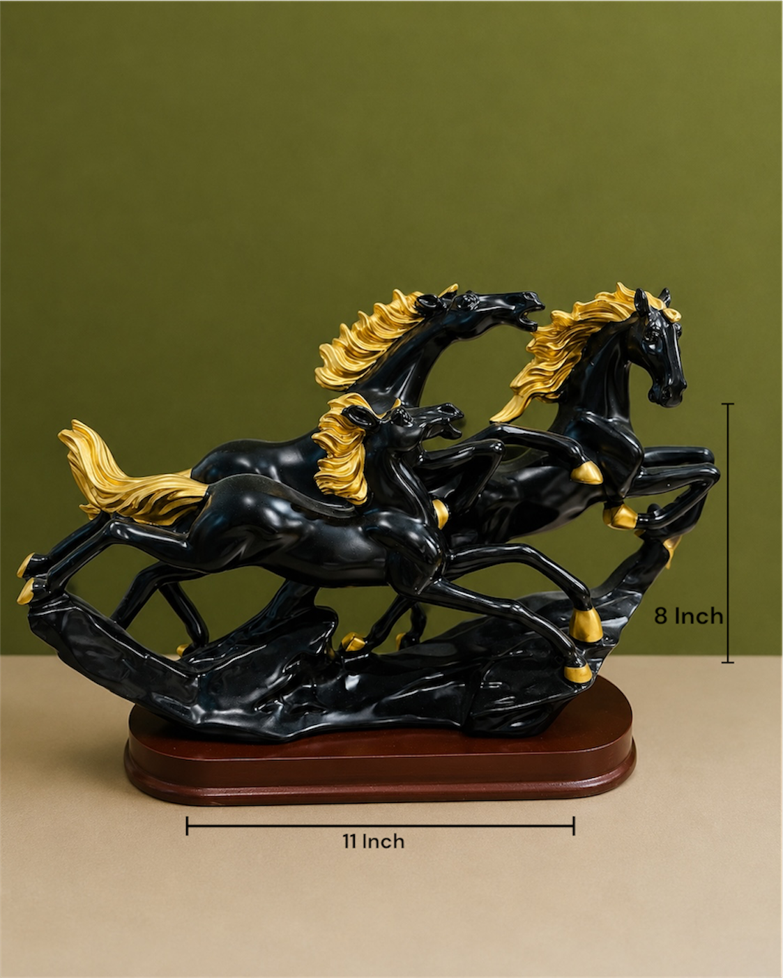 Galloping Trio Black and Gold Horses Resin Sculpture for Home and Office Decor
