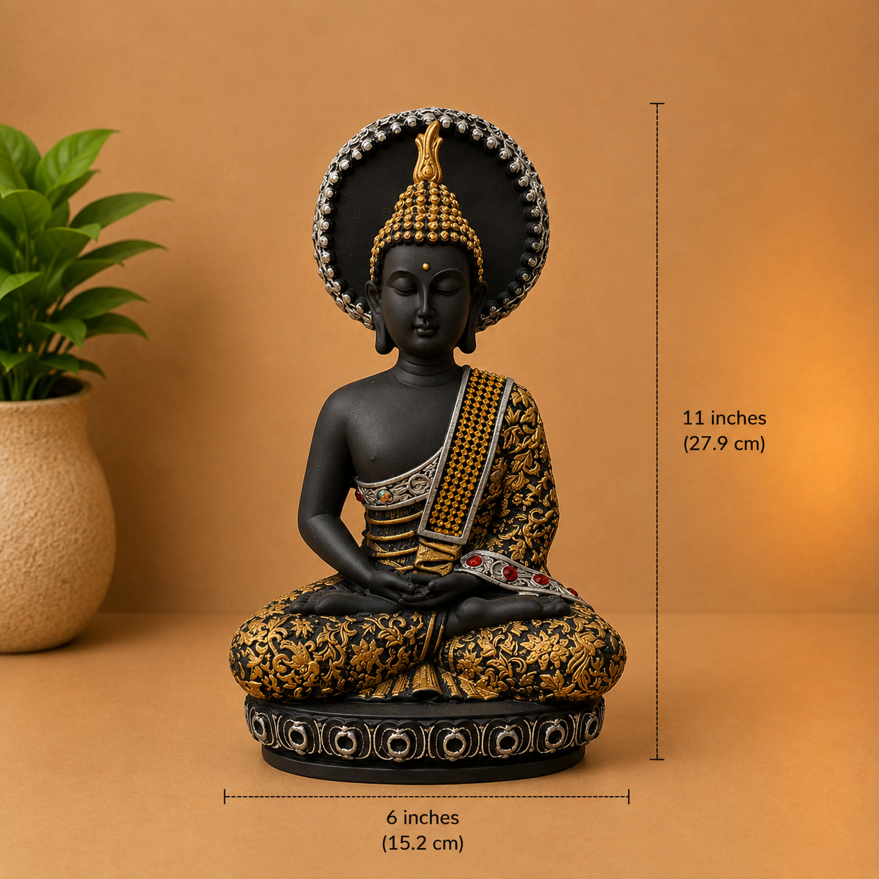Premium Black & Gold Meditating Buddha Showpiece with Halo | Resin Decorative Idol for Home & Office