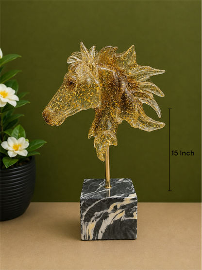 Golden Flecked Amber Resin Horse Head Bust Sculpture on Marble Style Base (15 Inch)