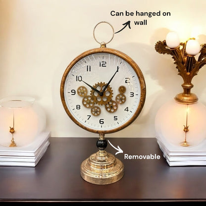 Vintage Brown & White Gear Table Clock – Steampunk-Inspired Decorative Timepiece