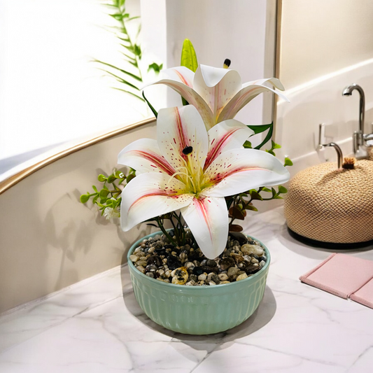 Artificial White Lily Plant in Ceramic Pot with Authentic Pebbles - Elegant Home and Bathroom Décor