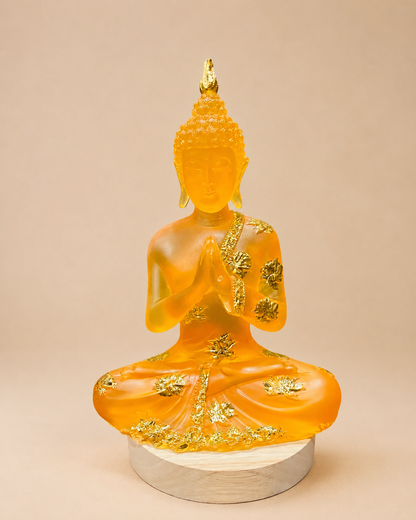 Serene Amber Meditating Buddha Resin Idol LED Lamp with Wooden Base, 9 Inches