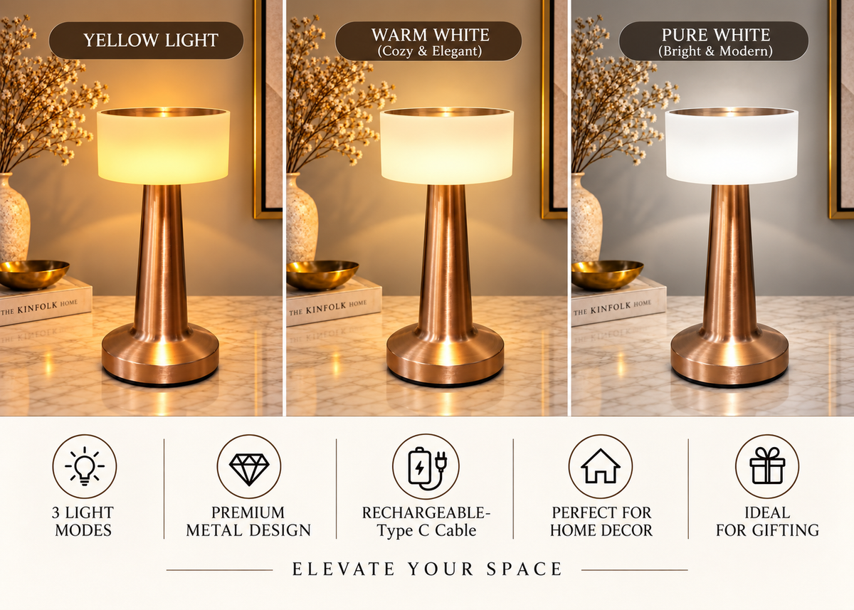 Rechargeable Metal Touch Table Lamp with 3 Light Modes, 8.5 Inches