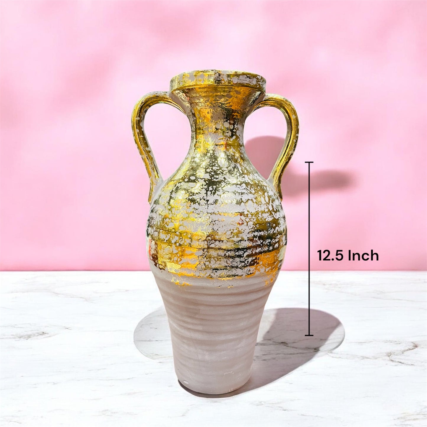 Rustic Distress Gold & Mauve Ceramic Urn Vase with Handles