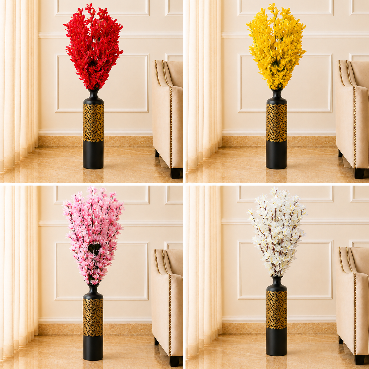 Luxury Black & Gold Floral Metal Floor Vase – 31 Inches | Tall Decorative Statement Vase